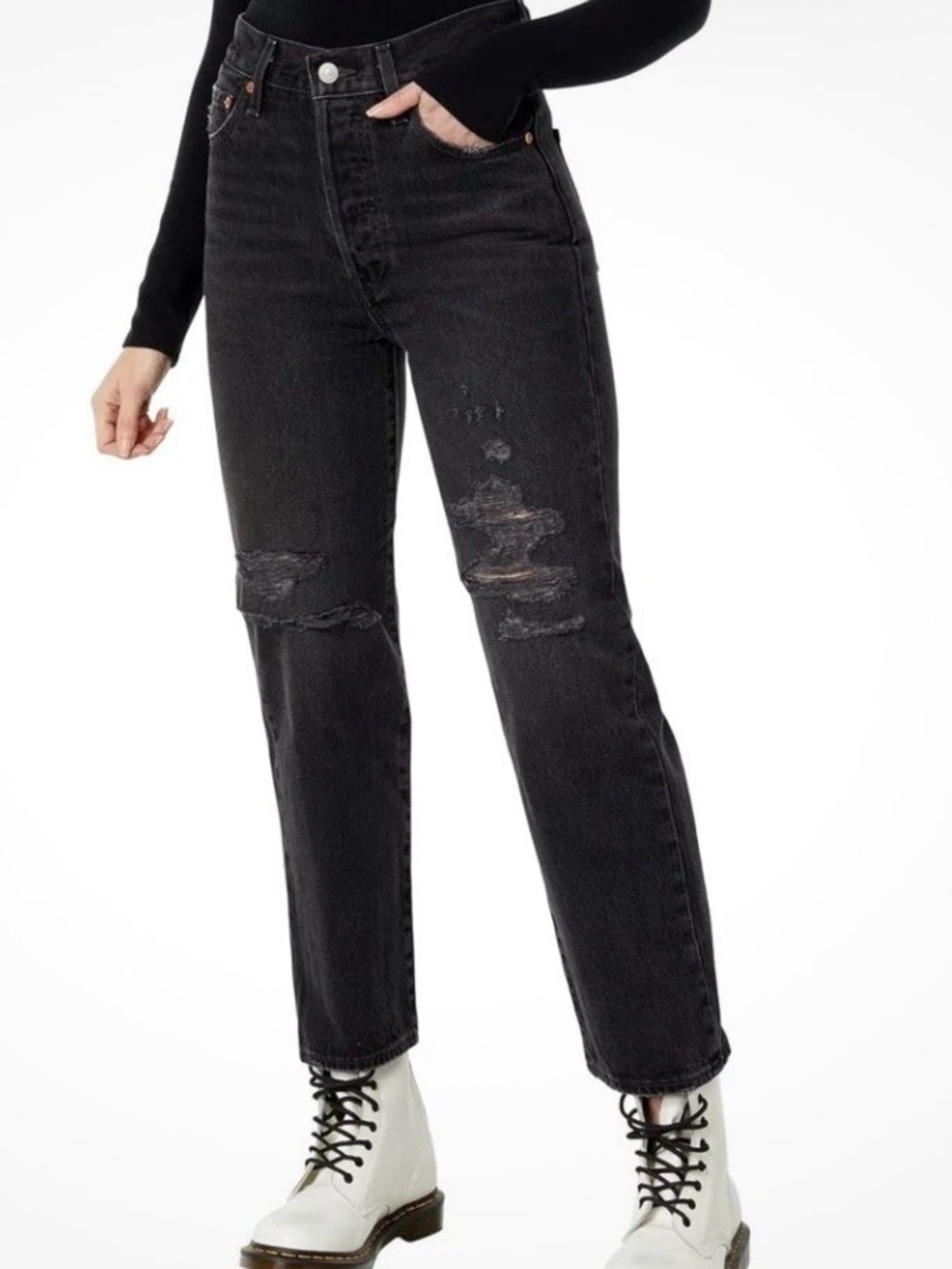 Levi's Women’s Straight Leg Jeans in Black with Distressed Knees